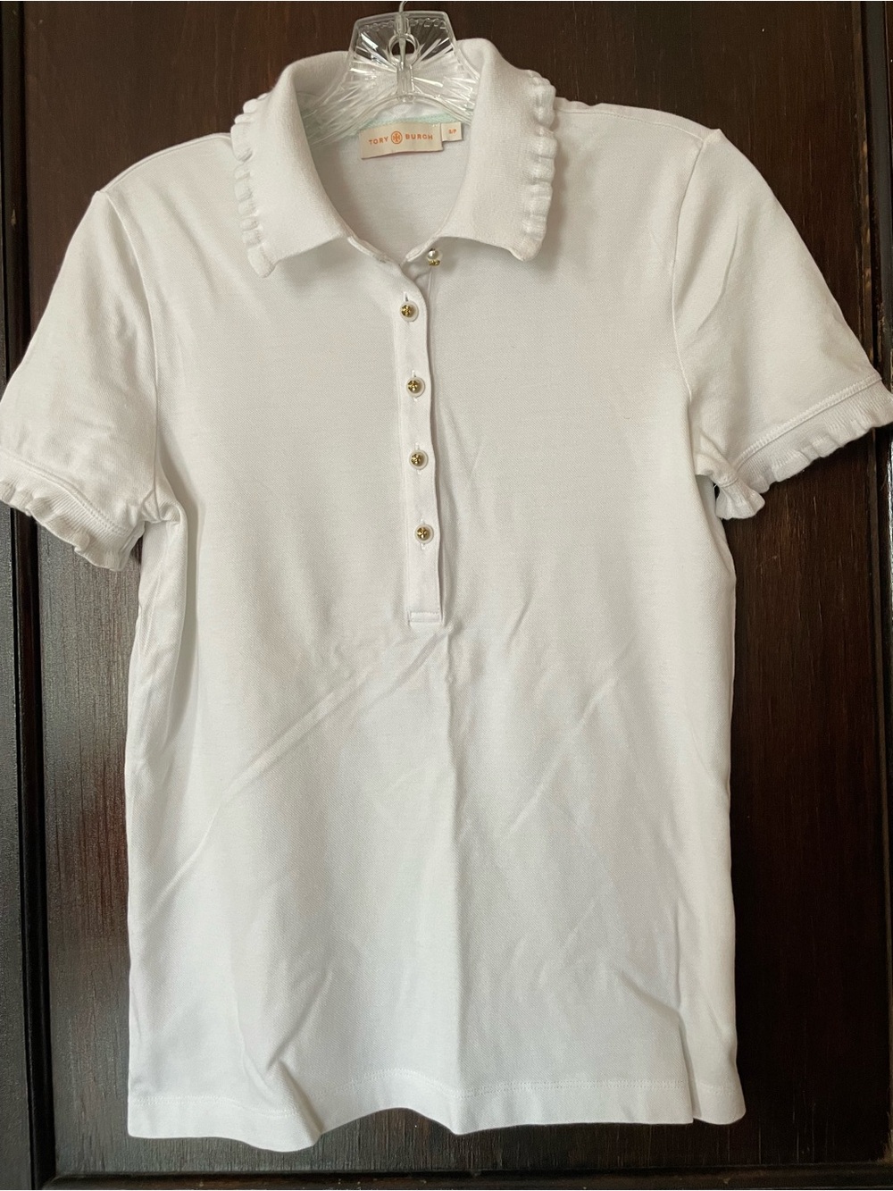 Tory Burch White Ruffle-Trim Polo with Pearl gold logo Buttons small